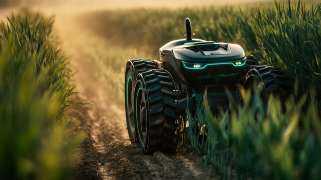 Autonomous agricultural robot driving through a green crop field