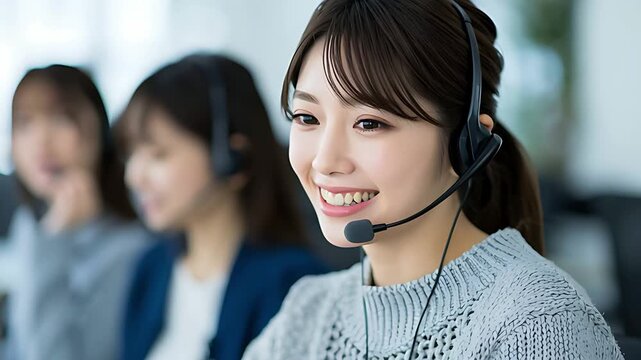 Group of Japanese customer support agents working in office