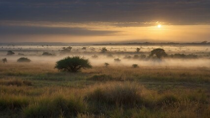 Fototapeta premium Serene sunrise over misty savannah landscape with silhouetted trees and golden horizon