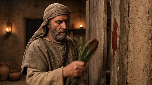 Ancient Jewish man marking doorpost with hyssop and lamb blood during Passover night in biblical Exodus scene representing divine protection obedience and deliverance from death