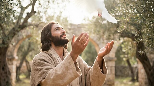 Jesus Christ praying with raised hands among olive trees in Garden of Gethsemane with dove flying overhead representing peace divine communion and spiritual surrender to God
