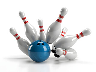 Bowling Ball Hitting Pins Strike Sports Game Concept Isolated on White Background