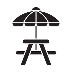 Fototapeta premium A simple black and white icon depicting a picnic table and umbrella