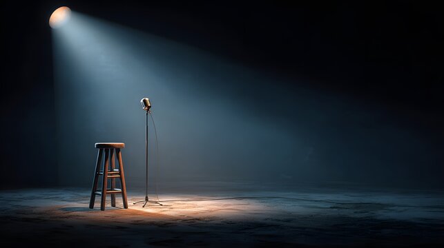 Dramatic image of an empty, dimly lit stage featuring a simple wooden stool and a classic microphone illuminated by a cinematic spotlight.