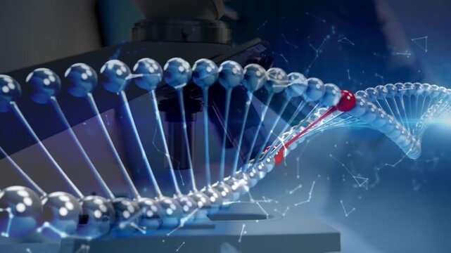 DNA Testing animation with microscope stage during scientific Medical, microscope check and scientist doing research for DNA and laboratory work for science.