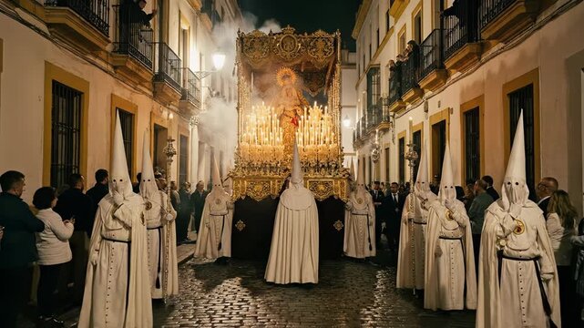 Spanish Holy Week nighttime street procession with white hooded penitents escorting ornate Virgin Mary float through narrow illuminated city street during Semana Santa in Seville