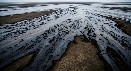 Fototapeta premium Vivid oil slick patterns create abstract art on a barren landscape, resembling a natural, flowing river system