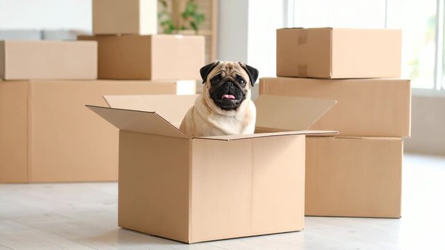 Funny pug dog peeking out of an open cardboard box surrounded by moving boxes