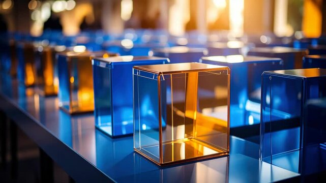 Rows of illuminated cubic display cases with transparent and amber acrylic panels