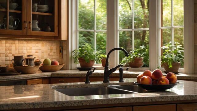 Cozy kitchen interior featuring a sink with fresh apples in a bowl, surrounded by greenery and natural light