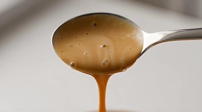A metallic spoon holds a caramel-colored liquid, slowly dripping