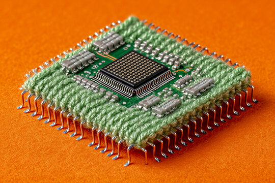 realistic studio photo of a computer microchip made of green and silver chunky yarn featuring knitted electronic circuits on orange background