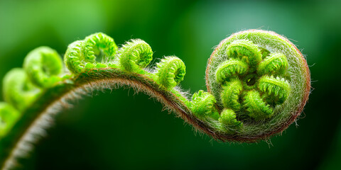 macro texture of young green fiddlehead fern spiral fronds in spring forest with soft natural lighting