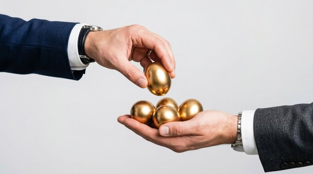 Businessmen exchanging golden eggs symbolizing investment and wealth transfer.