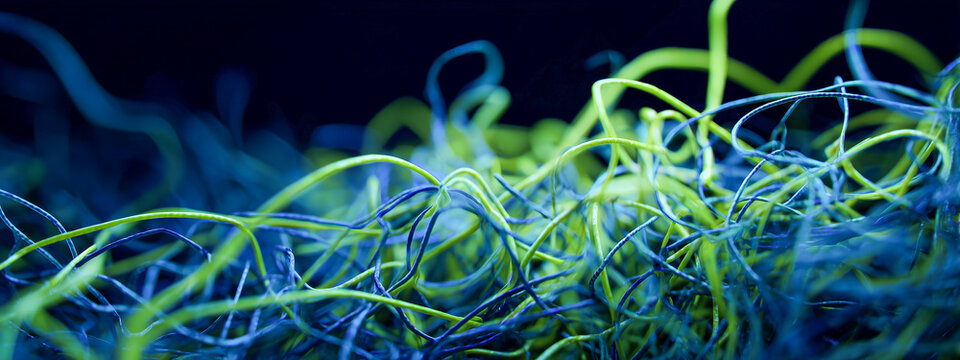 Abstract background of glowing tangled neon threads representing quantum entanglement and complex digital data networks in a dark void