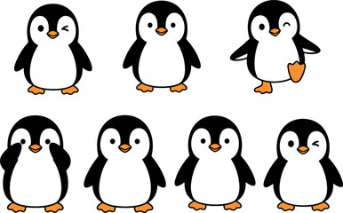 Naklejka premium Cute penguin characters vector set with different poses cartoon arctic animal illustration collection for kids design