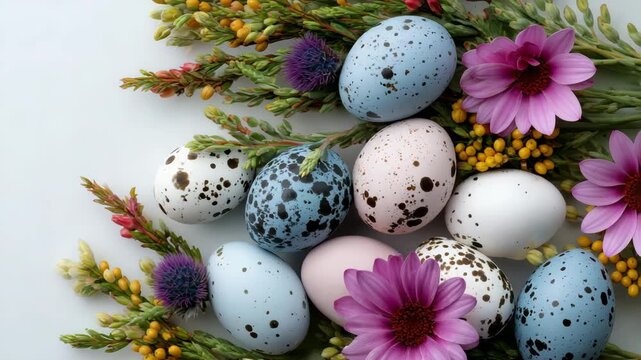 48Easter spring flat lay arrangement, pastel quail eggs and floral accents on white background, light airy atmosphere, ample copy space