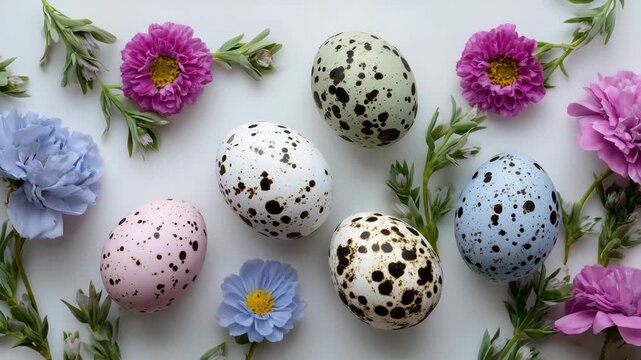51Easter spring flat lay arrangement, pastel quail eggs and floral accents on white background, light airy atmosphere, ample copy space