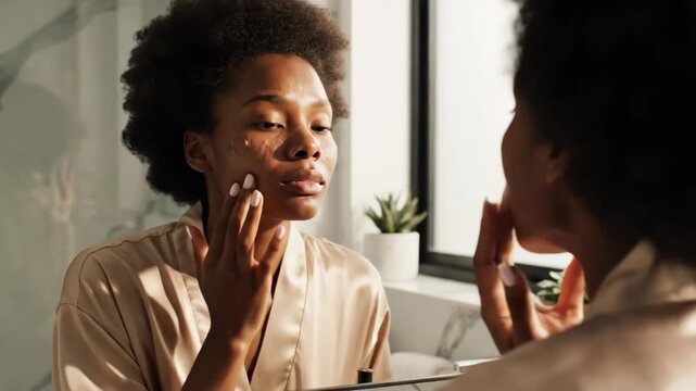african woman looking in mirror applying acne patch to her cheek. morning skincare routine and blemish treatment. natural beauty, self care concept. health and dermatology, cosmetic product usage.