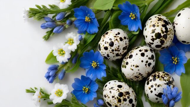 50Elegant Easter composition from above, speckled quail eggs and spring flowers scattered artistically, white background, bright seasonal copy space