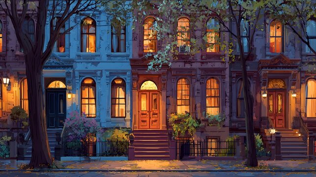 Enchanting evening street view of classic New York style brownstone row houses, with warm golden light glowing from the ornate windows.