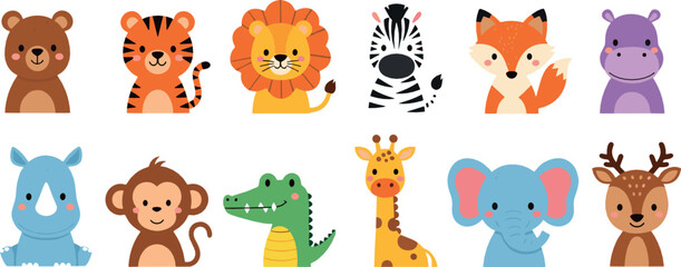 Cute safari animal characters vector set with bear, tiger, lion, zebra, fox, hippo, monkey, crocodile, giraffe and elephant cartoon icons © MdNazmul