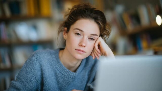 210Portrait of a pensive faceless woman studying online, typing and taking notes, home environment with books and laptop, relaxed freelancer mood, bright natural light, digital learni
