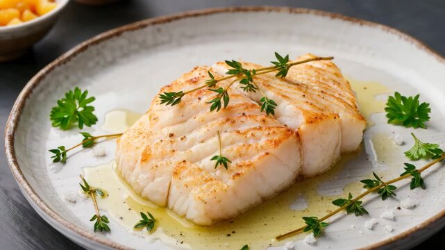 Grilled white fish fillet drizzled with olive oil and garnished with fresh herbs on ceramic plate. Healthy gourmet seafood meal with simple ingredients.