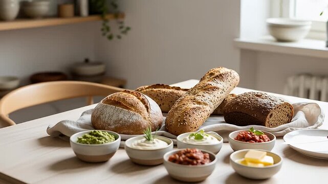 Assortment of artisan breads and dips arranged artfully on a well-lit table