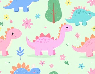 Seamless Pattern with Cute Cartoon Dinosaurs and Flowers, Pastel Colors, Fun Children&rsquo;s Background for Kids Decor, Nursery, Baby Products, Fabrics, or Stationery