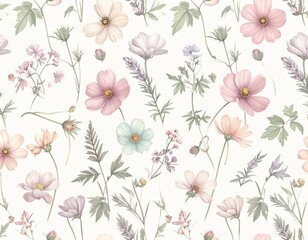 Fototapeta premium Seamless repeating pattern of delicate wildflowers and leaves in pastel colors, watercolor botanical floral texture for fabric, wallpaper, and stationery design