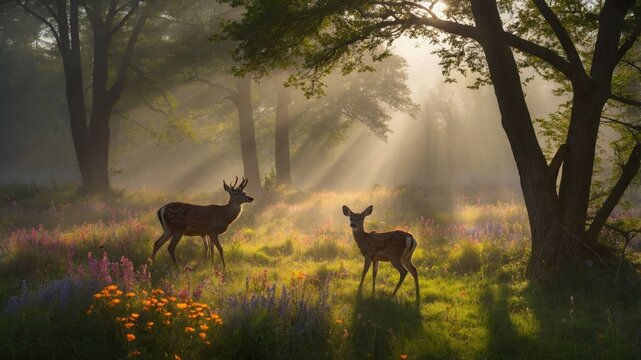 Two deer grazing in a sunlit meadow surrounded by vibrant wildflowers and misty trees
