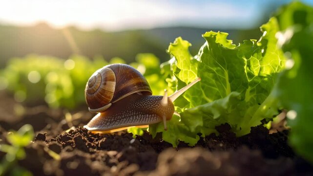 Garden snail with shell crawling on soil towards fresh lettuce leaf in sunlight