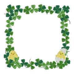 手刺繍のクローバーとひよこのフレーム © Stitch Palette