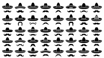 Mexican Sombrero Hat and Mustache Silhouette Icon Set Vector Illustration