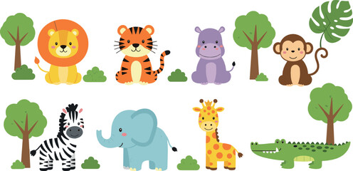 Cute safari jungle animals vector set with lion, tiger, zebra, elephant, giraffe, monkey and crocodile cartoon illustration © MdNazmul
