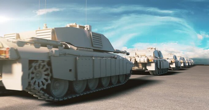 Long row of military tanks moving under a blue sky across a dry desert. World War Related 3D Animation.