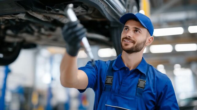 285Close-up of mechanic applying protective anti-rust coating beneath vehicle, faceless technician, soft focus workshop interior, automotive maintenance, corrosion protection, extende