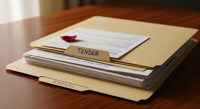 Business Documents in Manila Folder Labeled 'TENDER' on Wooden Desk, Representing Bidding Process and Official Paperwork