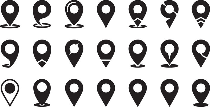Collection of various map pin icons on white background