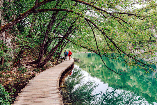 View of a wooden pathway winding along a turquoise lake, framed by lush green trees in Plitvicka Jezera, Lika-Senj County, Croatia.