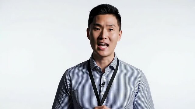 Confident Asian Man Presenting on White Background