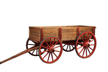 Fototapeta premium Wooden farm wagon with red wheels, vintage rustic cart for agriculture transport, transparent background