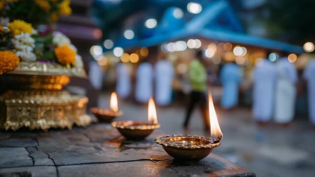 303Close-up of sacred lamps glowing under moonlight at traditional shrine, faceless devotees in background, nighttime spiritual ceremony, peaceful meditation atmosphere, soft illumina