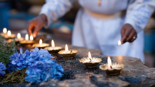 306Close-up of hands placing lit sacred lamps on shrine under moonlight, faceless participants, soft warm glow, nighttime ritual, spiritual meditation, calm and reflective atmosphere