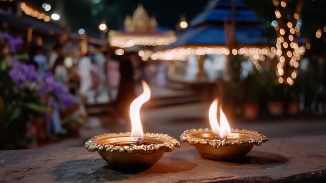 307Close-up of sacred lamps flickering under moonlight at ritual site, faceless worshippers in distance, serene spiritual atmosphere, nighttime meditation practice, soft glowing illum