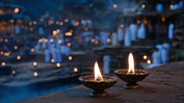 308Close-up of sacred lamps flickering under moonlight at ritual site, faceless worshippers in distance, serene spiritual atmosphere, nighttime meditation practice, soft glowing illum