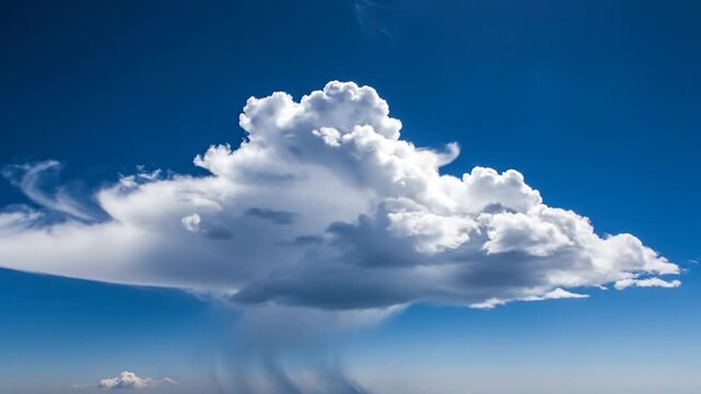 A large cumulonimbus cloud with rain falling against a clear blue sky