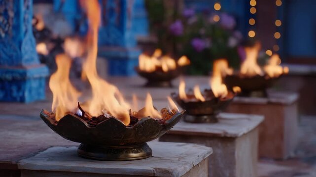 314Close-up of sacred lamp flames flickering in moonlit courtyard, faceless practitioners performing traditional ceremony, nighttime spiritual practice, meditation and calm energy, so