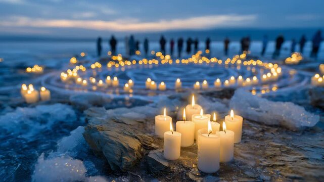 320Close-up of ritual circle with candles on frozen lake, mystical winter atmosphere, faceless participants engaged in solstice ceremony, serene reflection and spiritual renewal, soft